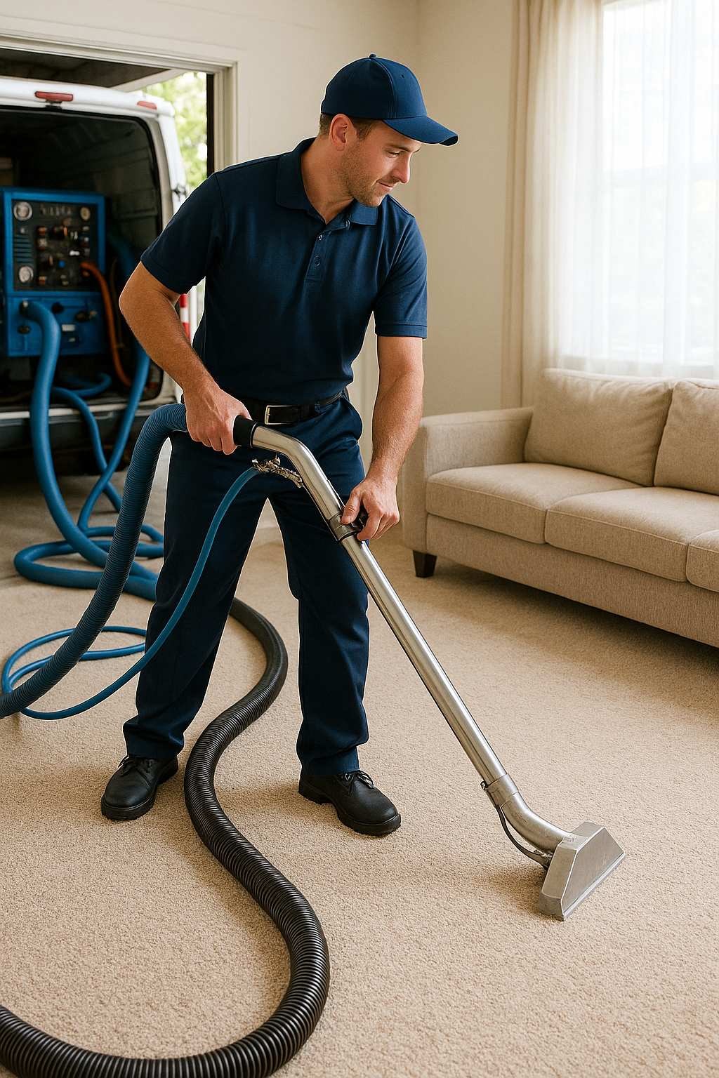 Professional deep carpet wash with steam cleaner.